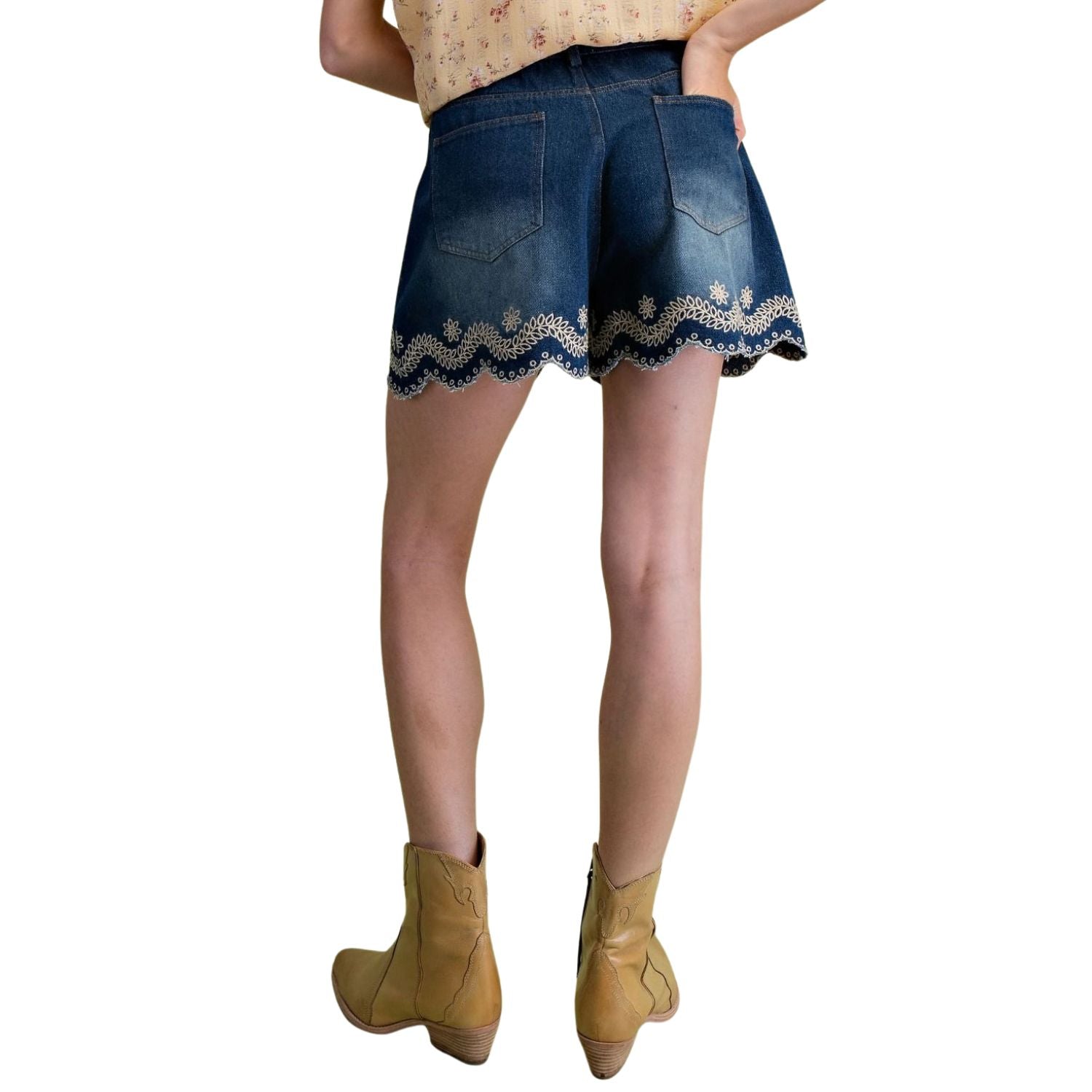 Easel Womens Floral Embroidered Hem Relaxed Easy Fit Denim Shorts- Dark Denim
