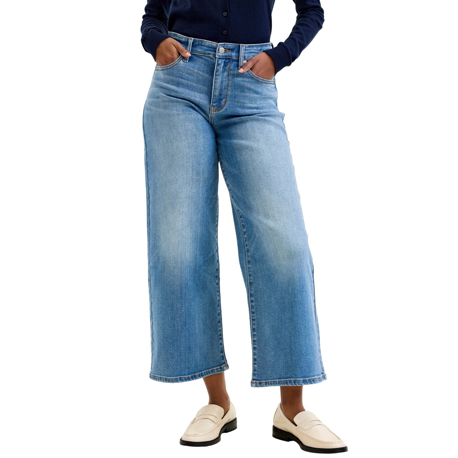 Judy Blue Womens Claudia Mid Rise Wide Leg Ankle Length Jeans- Medium Ease Blue