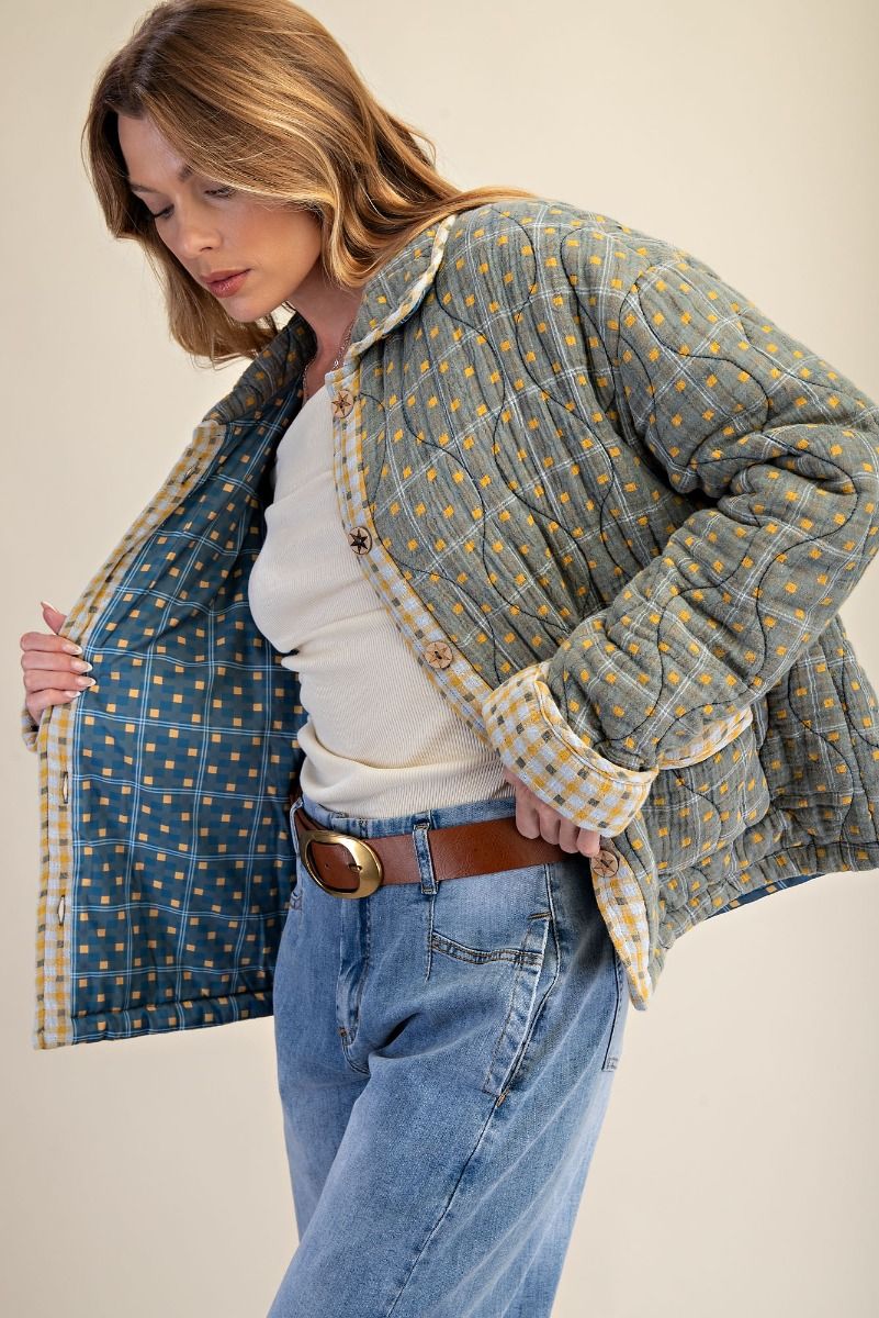 Easel Womens Oversized Gingham and Plaid Quilted Jacket