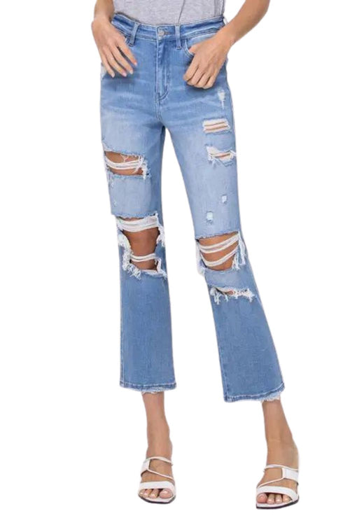Veveret Leona Super High-Rise Stretch Straight Fit Distressed Denim Jeans