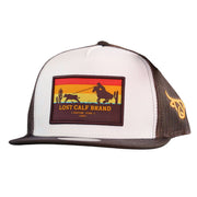 Lost Calf Mens Roper Flat Bill Adjustable Snapback Cap Hat, White/Brown