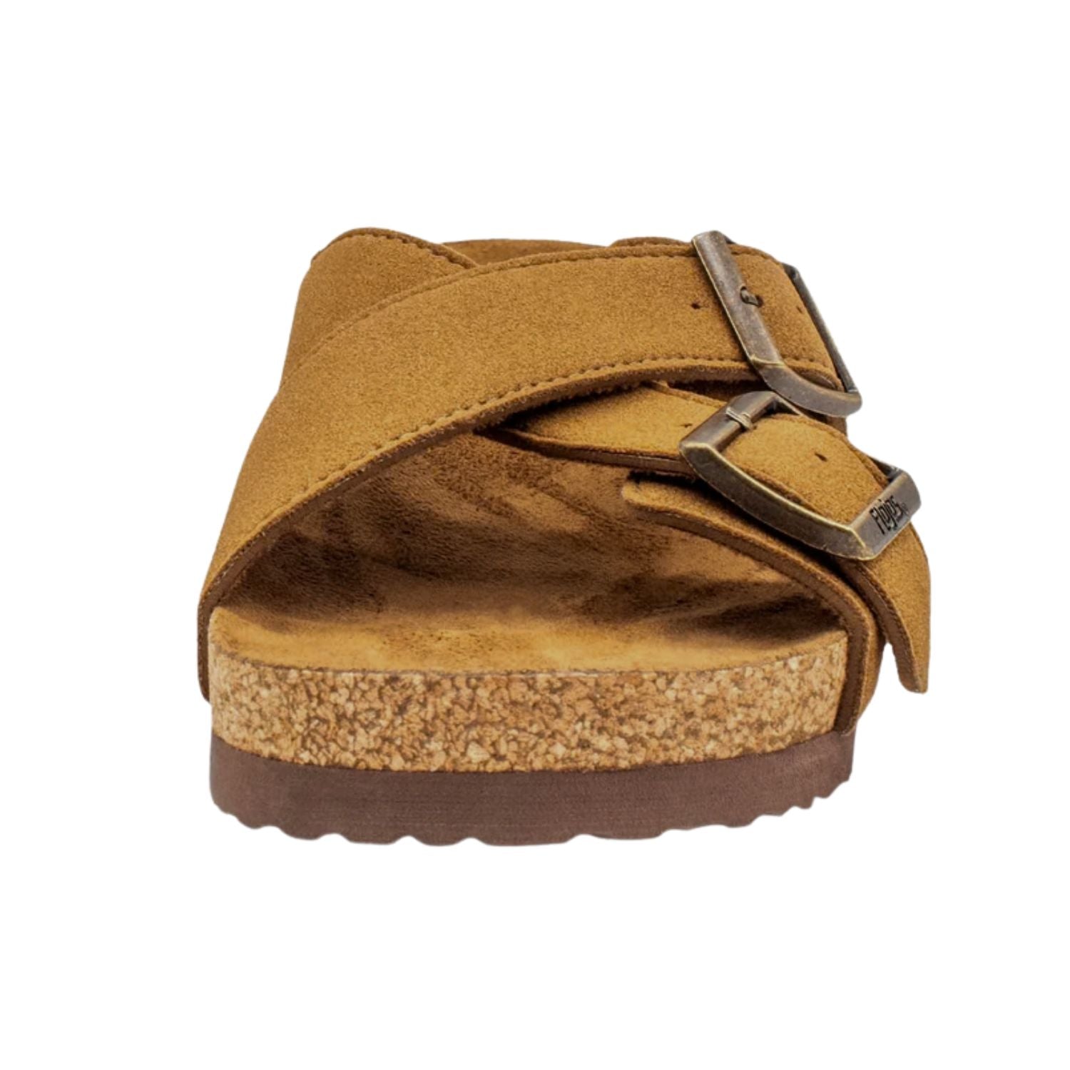 Flojos Womens Wilder Slip On Criss-Cross Straps Memory Foam Sandal, Tan