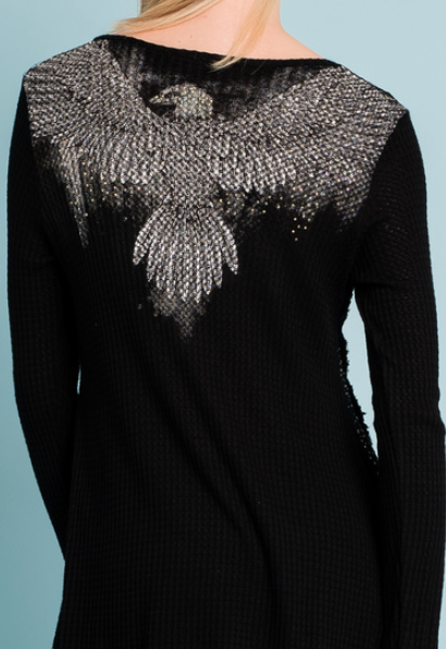 Vocal Womens Long Sleeve Shirt Black High Low Top with Wings