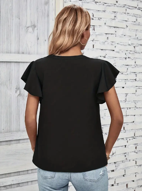 Women's Black Ruffle Sleeve Blouse with V-Neck