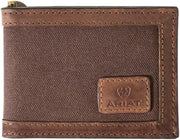 Ariat Mens Canvas Leather Border Money Clip Bifold Card Case Wallet
