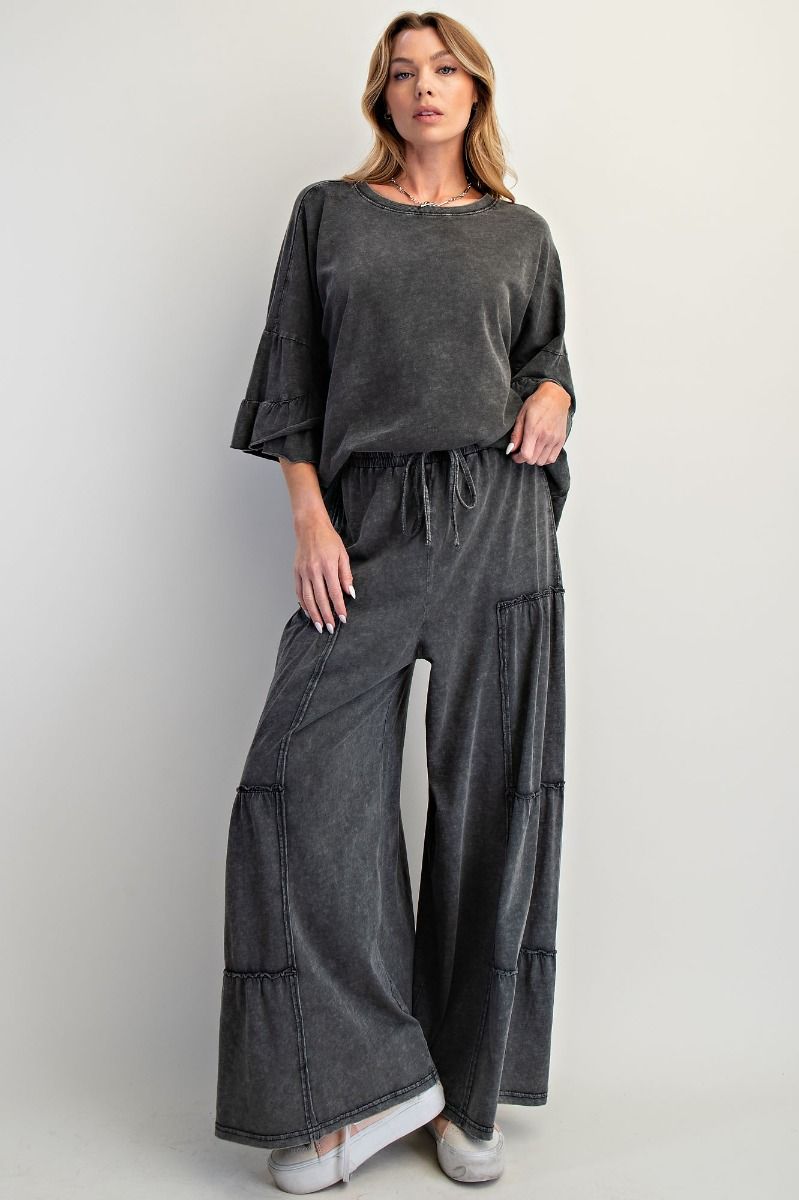 Easel Womens Mineral Washed Wide Leg Tiered Pant, Black