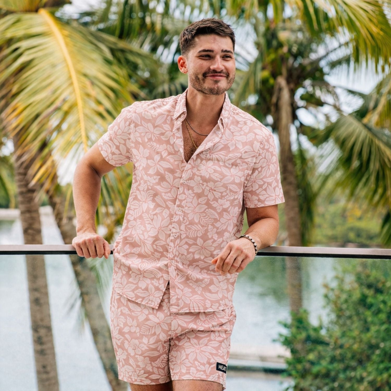 Heat Swimwear Mens Resort Style Short Sleeve Button Front Shirt- Floral Beige