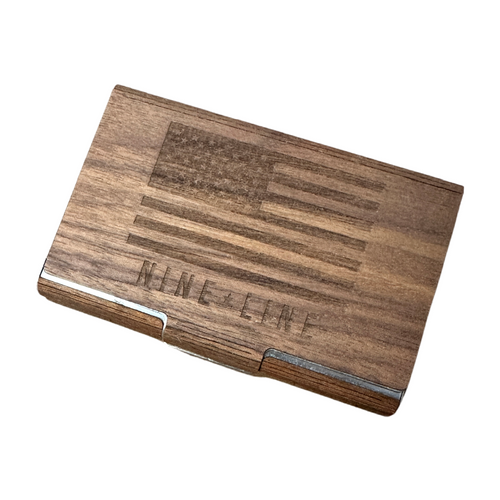 Nine Line Wood Business Card Holder Case with Engraved American Flag