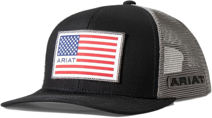 Ariat Mens American Flag Patch Adjustable Snapback Cap Hat, Black/Grey