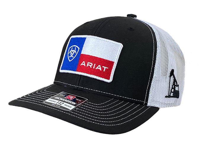 Ariat Mens Richardson 112 Shield Logo Texas Flag Patch Trucker Hat (Black/White)