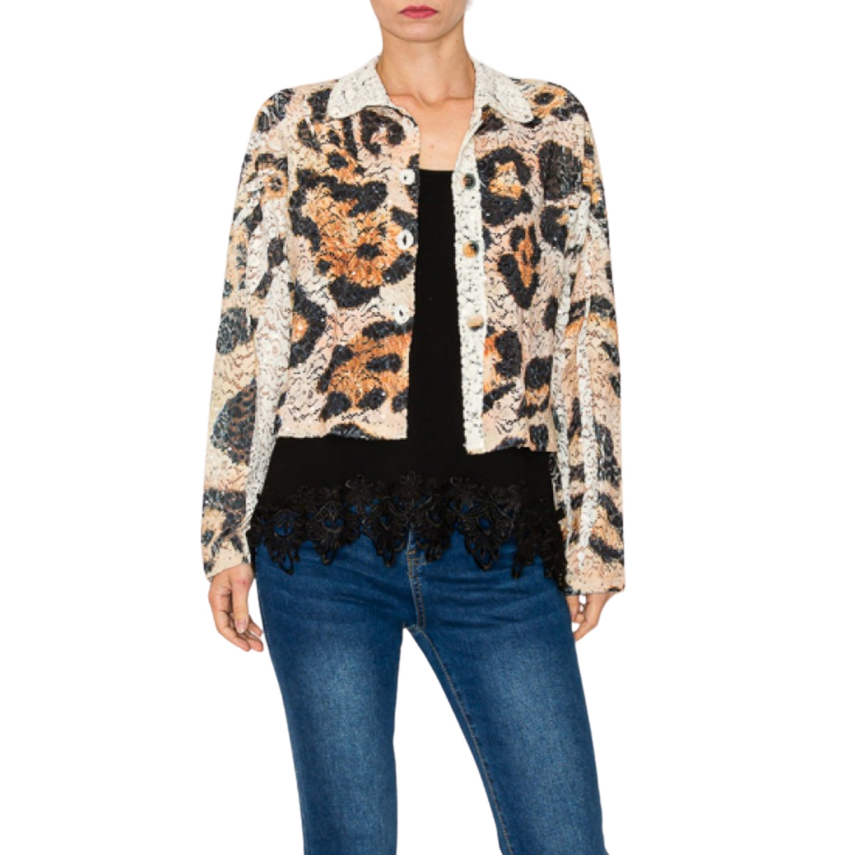 Origami Women's Sequin & Lace Leopard Print Crop Jacket