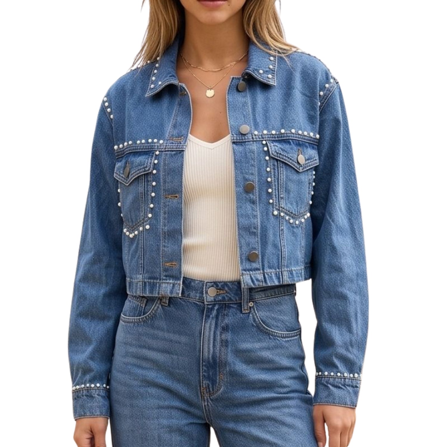 Coastal Canvas Women’s Pearl Embellished Cropped Jean Jacket