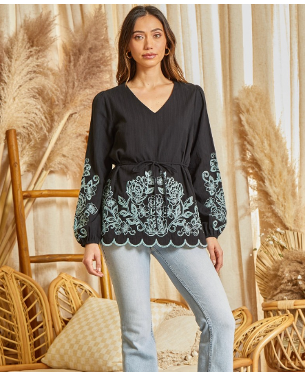 Savanna Jane Women's Blouse with Embroidery, Black