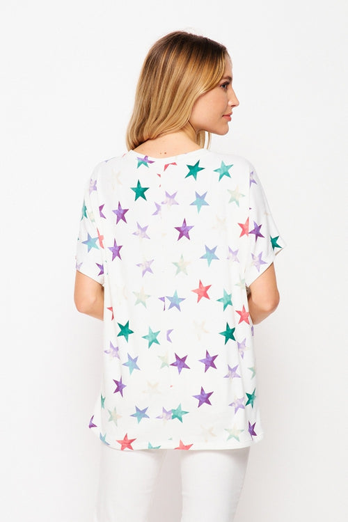 HoneyMe Womens Multicolor Star Print Short Sleeve Tunic Top