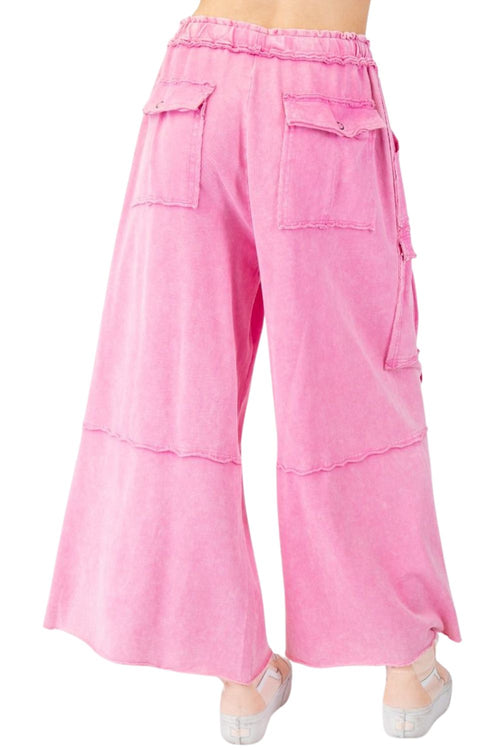 Easel Womens Utility Mineral Washed Wide Leg Cargo Pant, Bubble Gum Pink