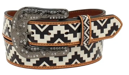 Angel Ranch Women's Belt 1.5" Zig Zag Diamond, Black & White, Medium