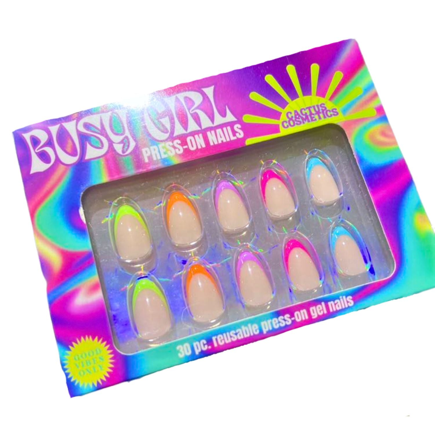 Cactus Cosmetics Busy Girl Reusable Press-On Gel Nails, 30 Pieces, Neon Moon