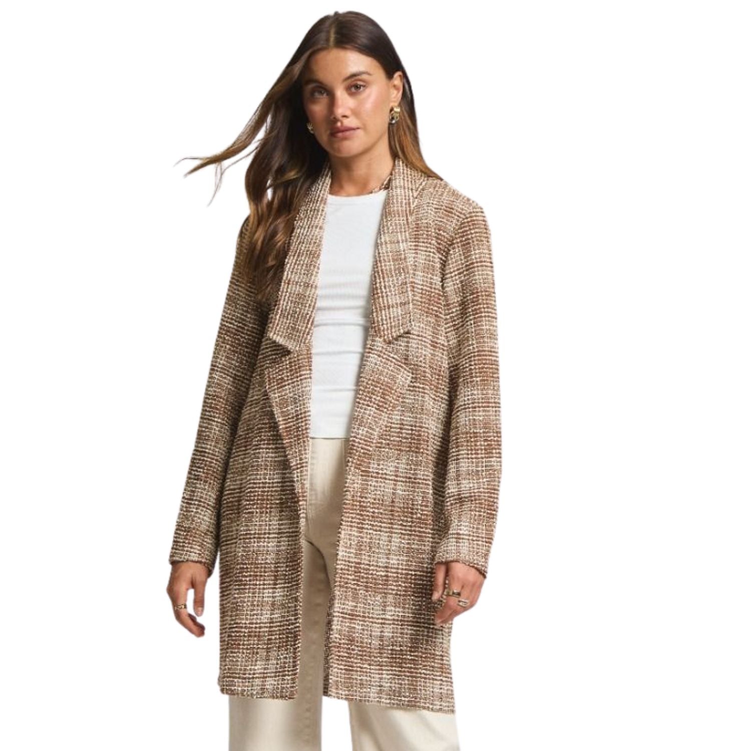 Dear Scarlett Womens Brixton Tweed Midi Open Front Blazer, Mocha Ivory