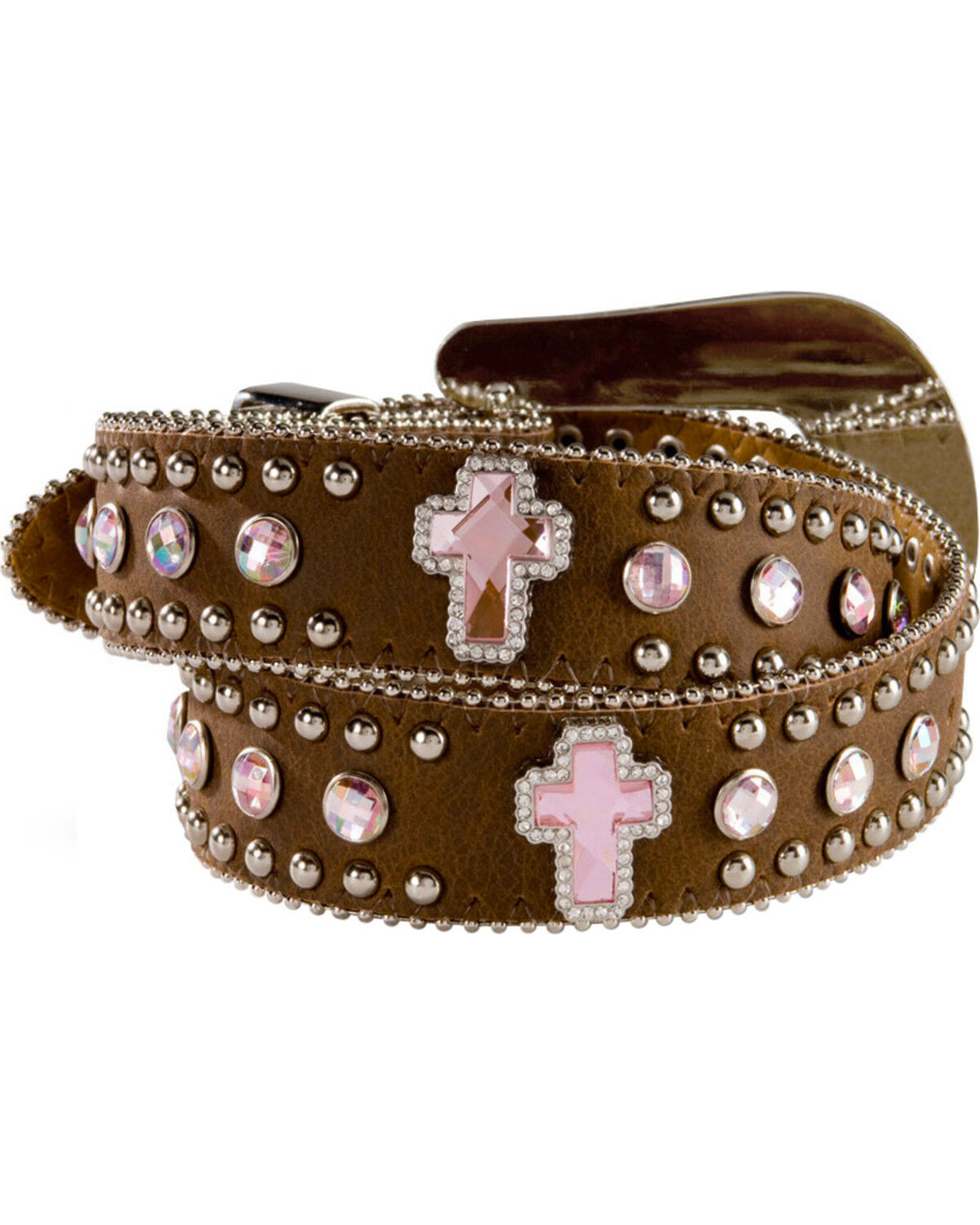 Nocona Girls Rhinestone Studded Cross Leather Belt- Pink and Brown