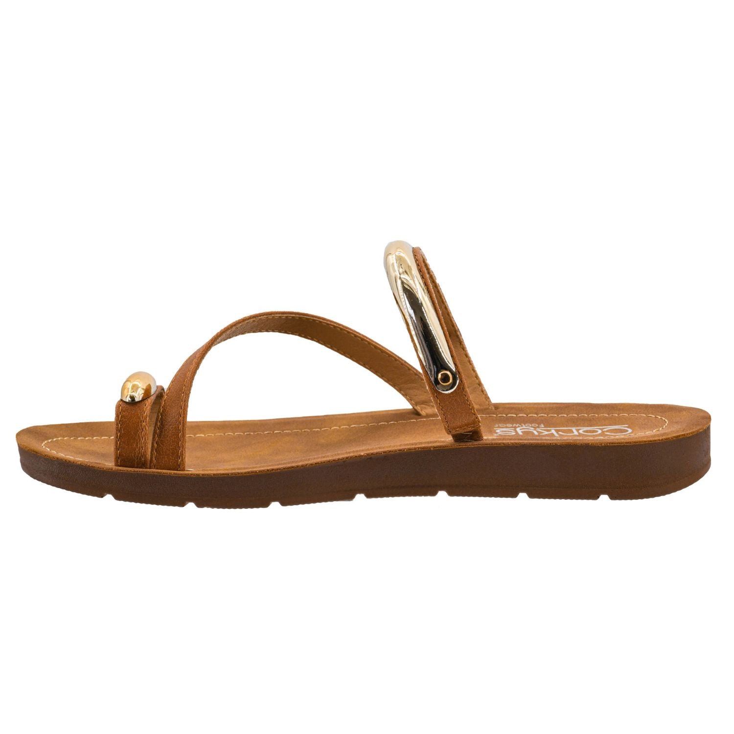 Corkys Footwear Hit The Strip Strappy Sandals with Gold Embellishments, Cognac