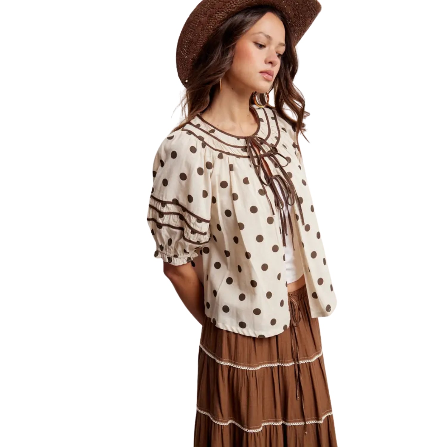 Listicle Women's Polka Dot Ruffle Trim Tie Front Puff Sleeve Blouse, Brown