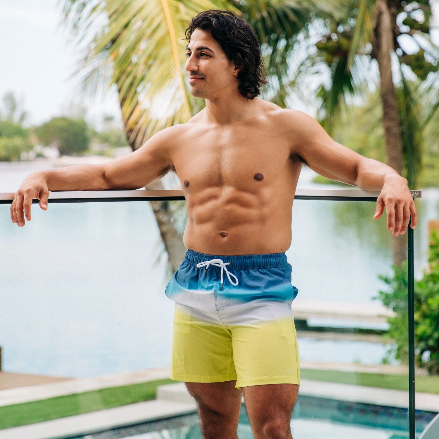 Heat Swimwear Mens Swim Trunks, Blue Yellow Tie Dye