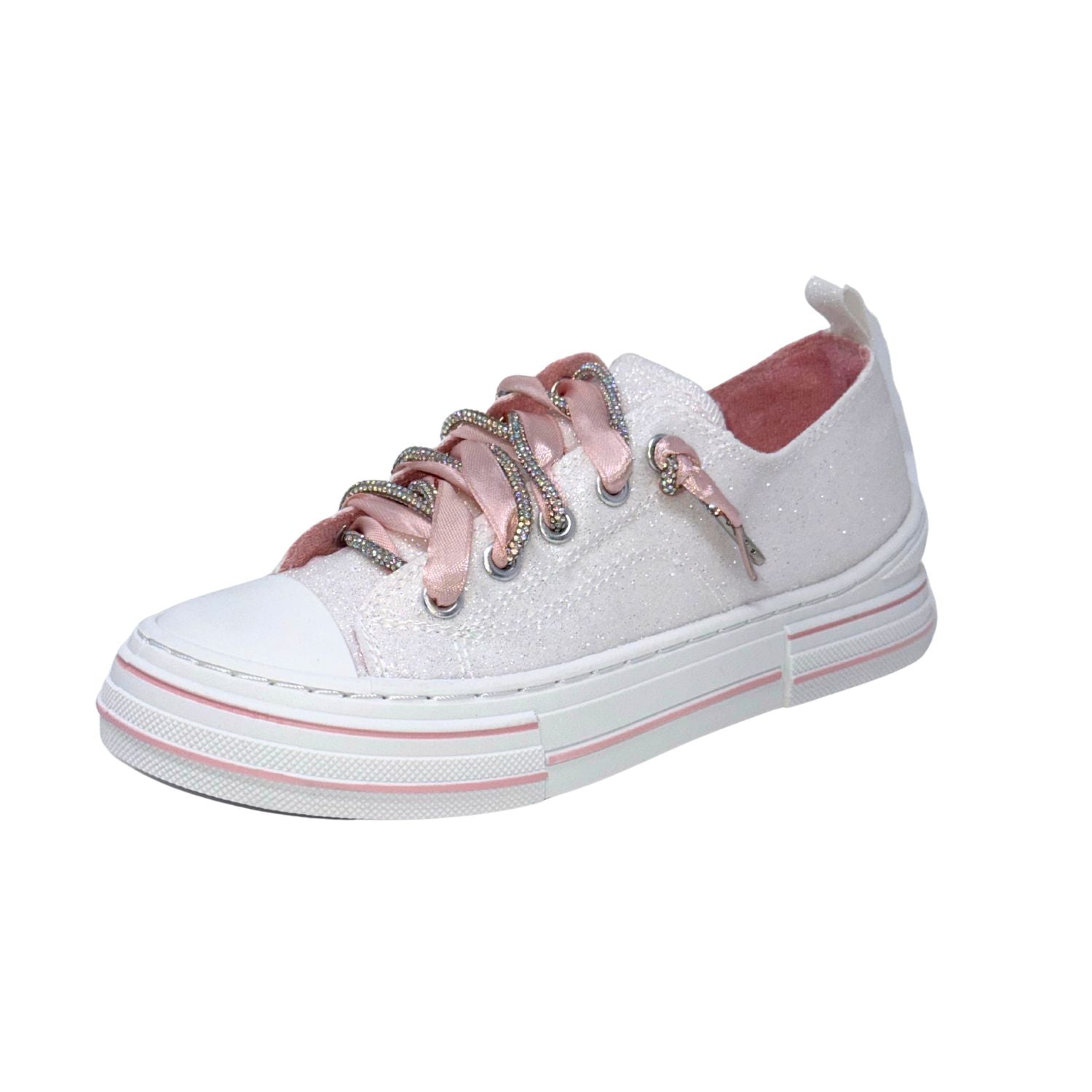Very G Aman Mary's Version Women's Glitter Rhinestone Lace-Up Sneaker, White/Pink