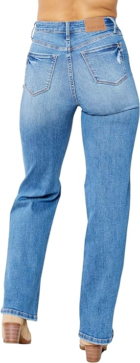 Judy Blue Womens High Waist Tummy Control Destroy Knee Straight Fit Jeans