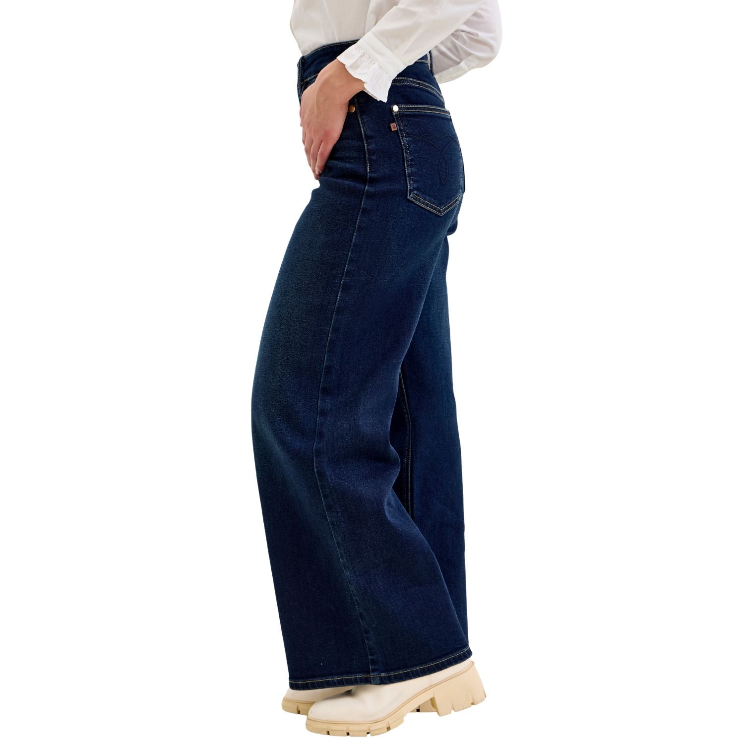 Judy Blue Womens High Waist Petite Lux Retro Wide Leg Jeans- Dark Twilight Blue