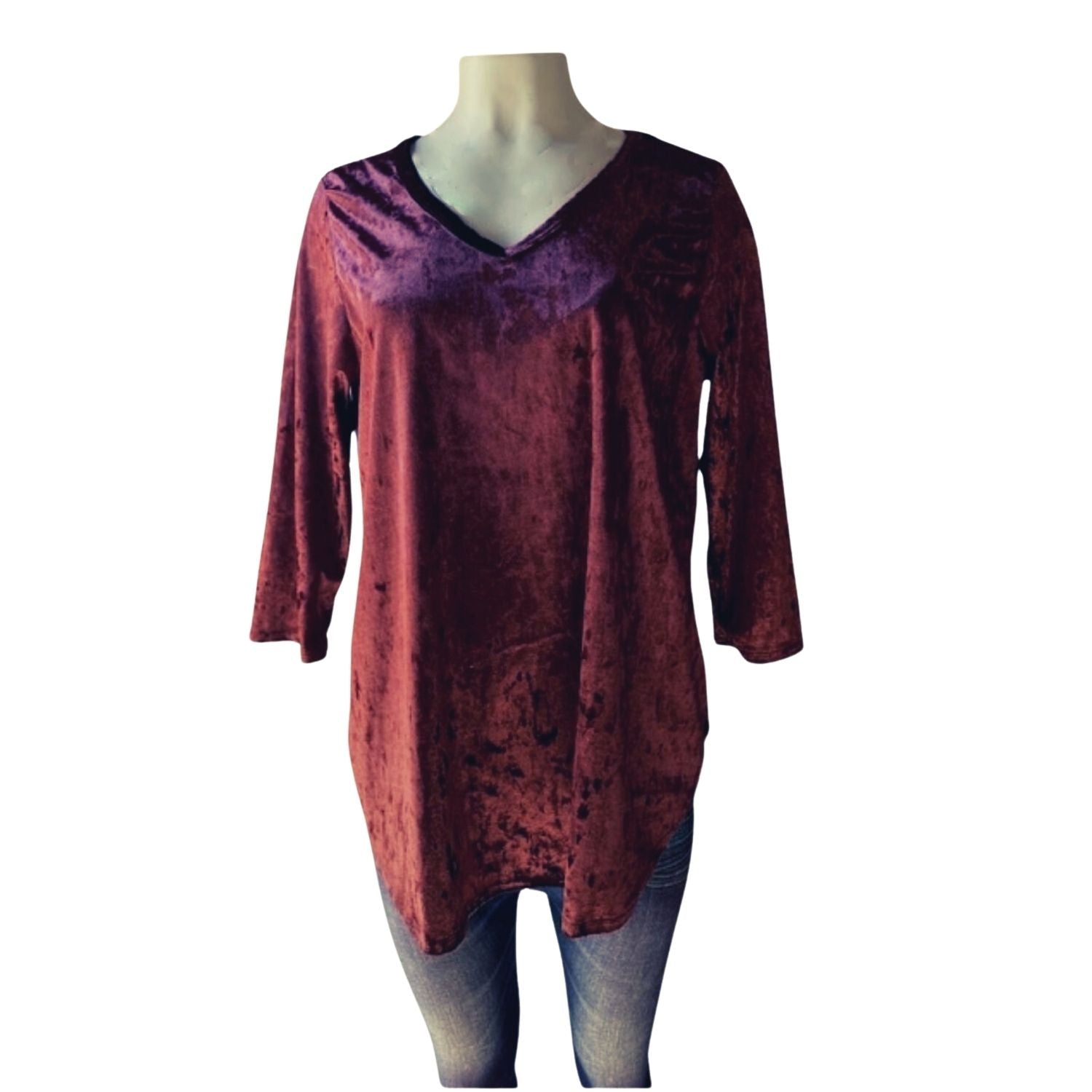 HoneyMe Womens 3/4 Sleeve V-Neck Lightweight Velveteen Top