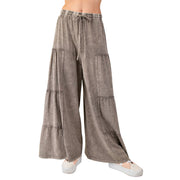 Easel Womens Mineral Washed Tiered Wide Leg Terry Knit Pants