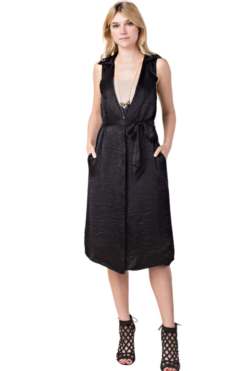 Vocal Womens Satin Collared Sleeveless Long Vest With Belt