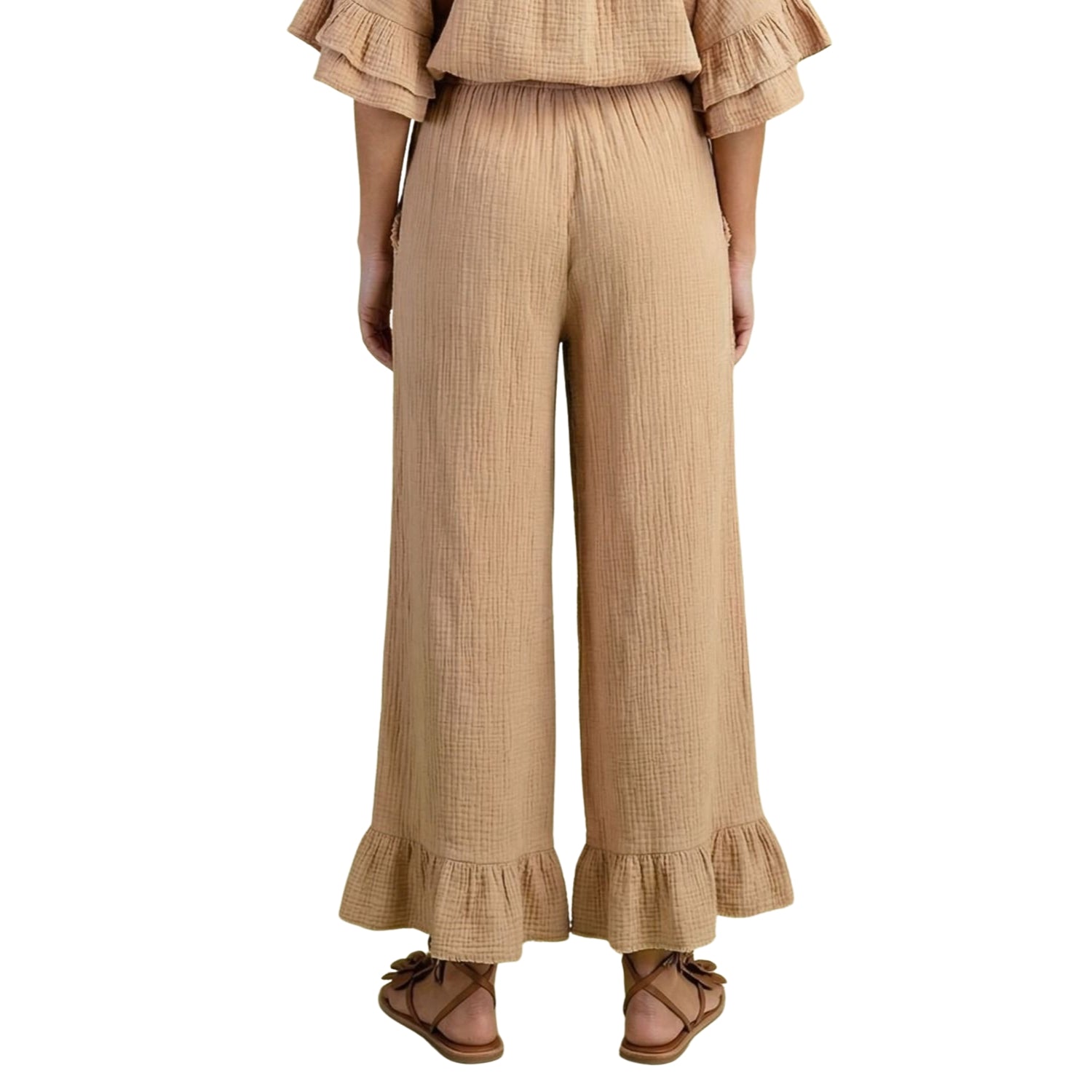 Easel Women's Cotton Gauze Wide Leg Ruffle Hem Drawstring Pants, Khaki