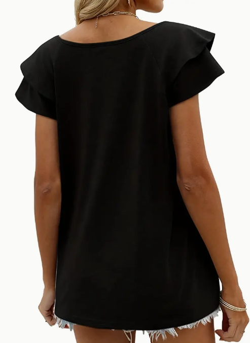 Women's Black Ruffle Sleeve Blouse T-Shirt