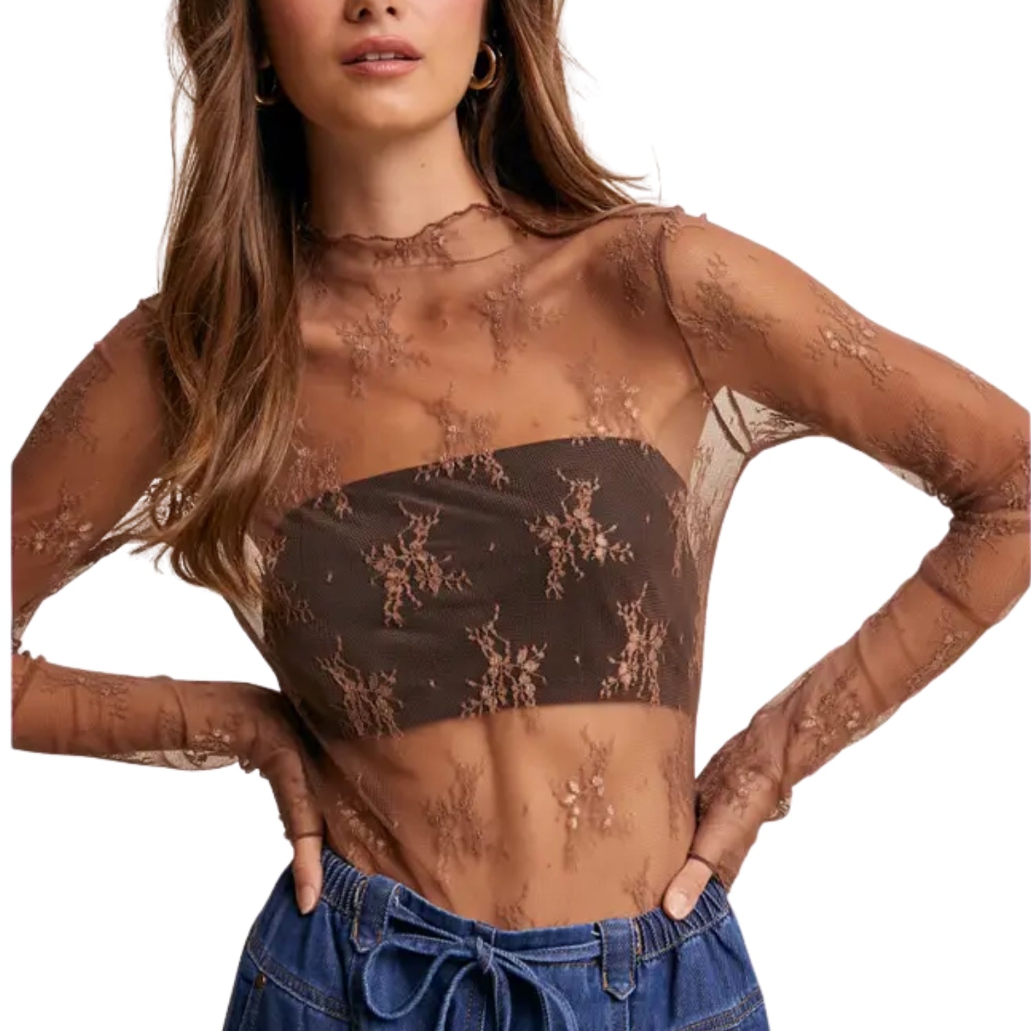 Listicle Women's Sheer Floral Lace Long Sleeve Top, Mocha (X-Small)