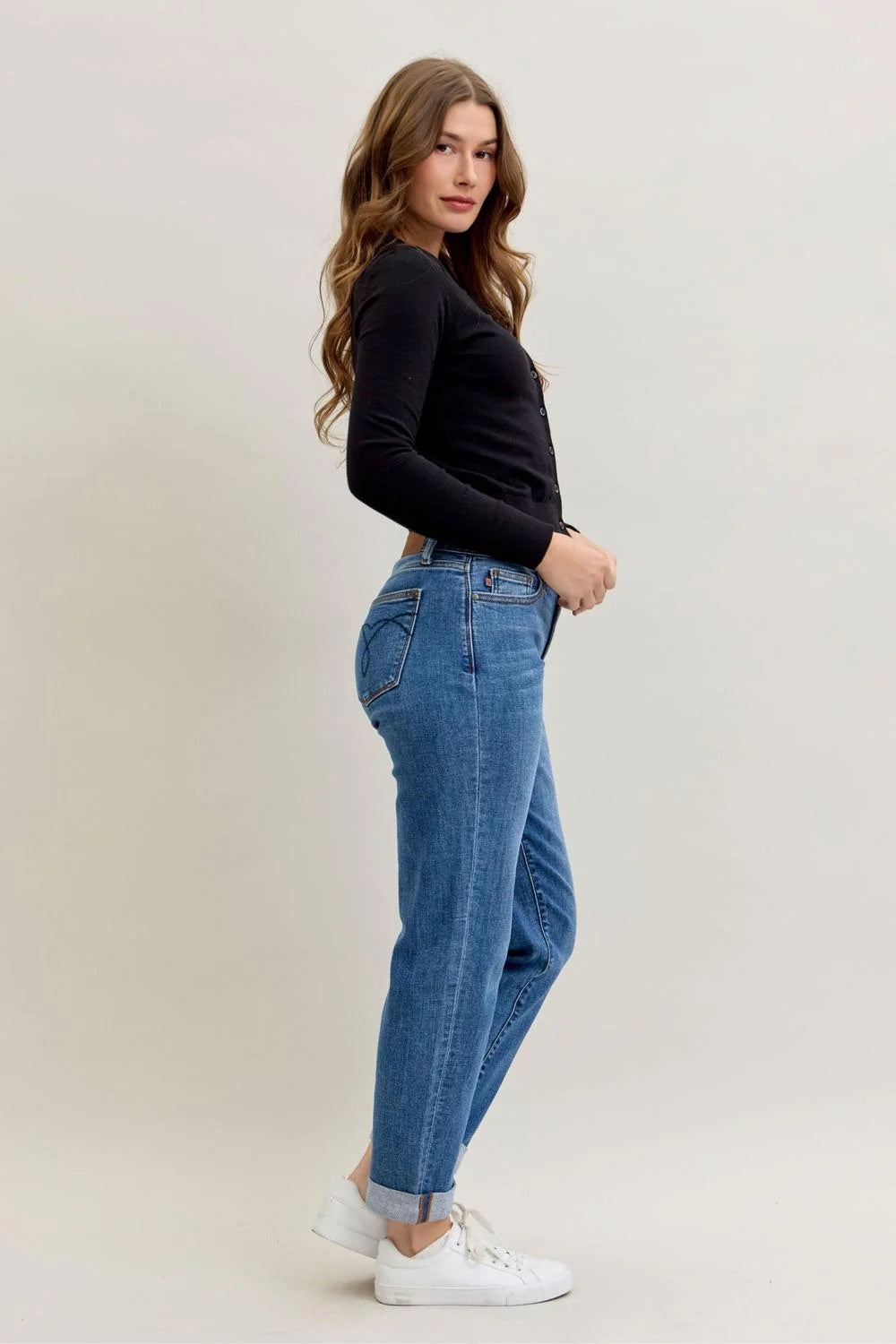 Judy Blue Womens Mid Rise Classic Cuffed Boyfriend Denim Jeans