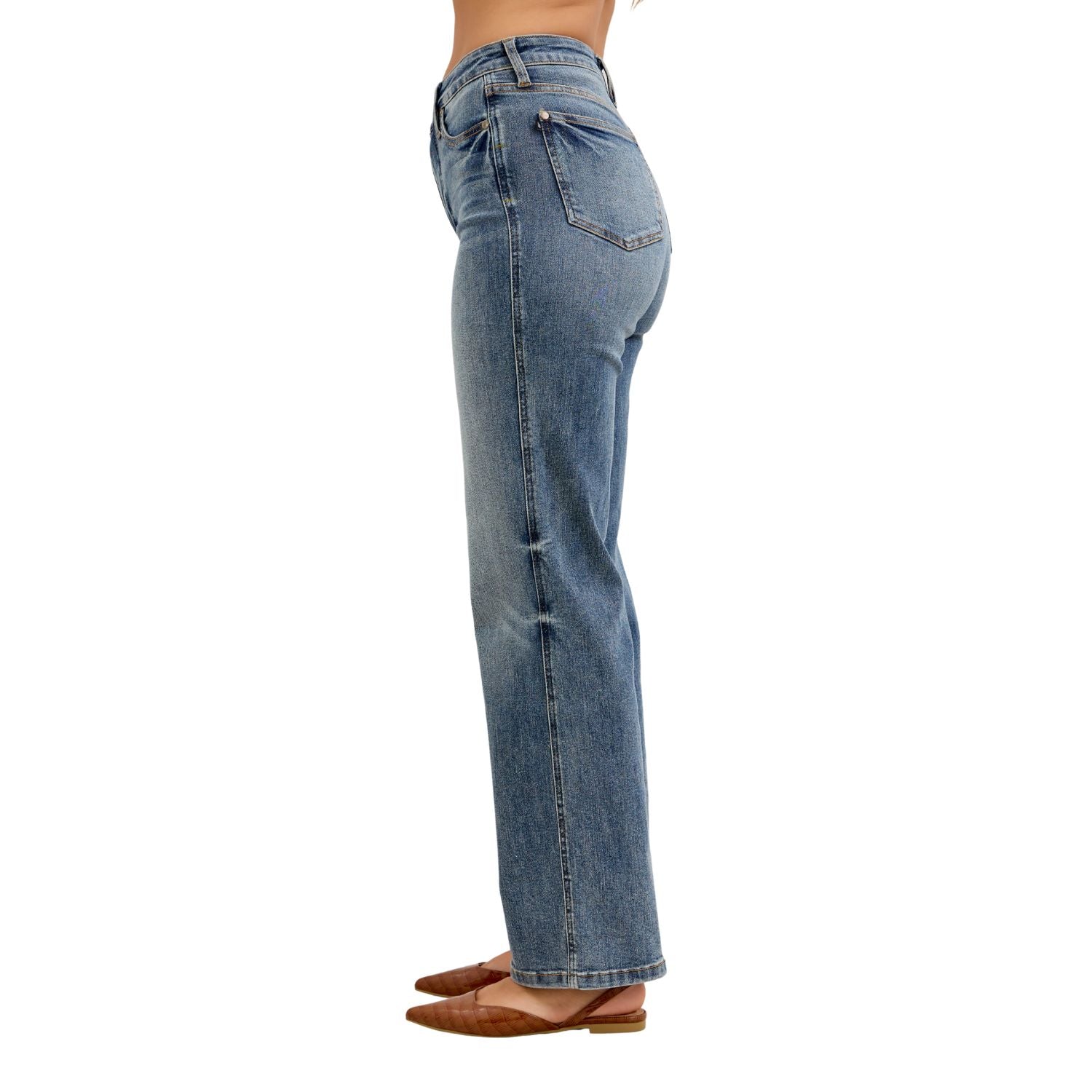 Judy Blue Womens High Rise Tummy Control Straight Jeans - Medium Blue Stretch