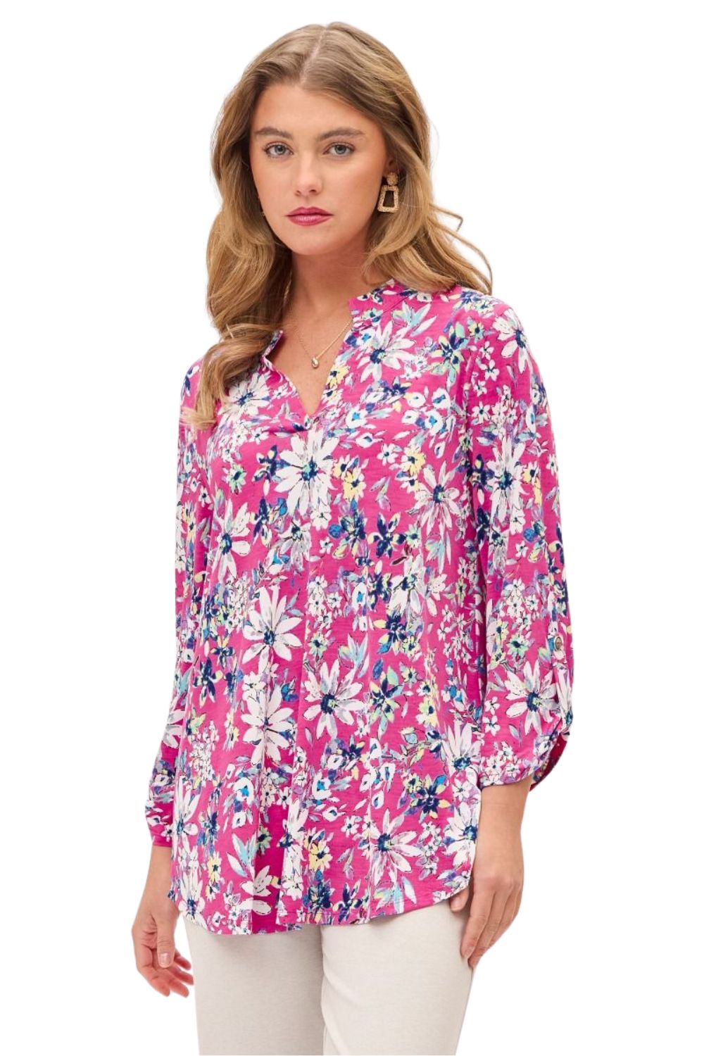 Dear Scarlett Womens Lizzy Relaxed Flowy High Low Blouse, Magenta Multi