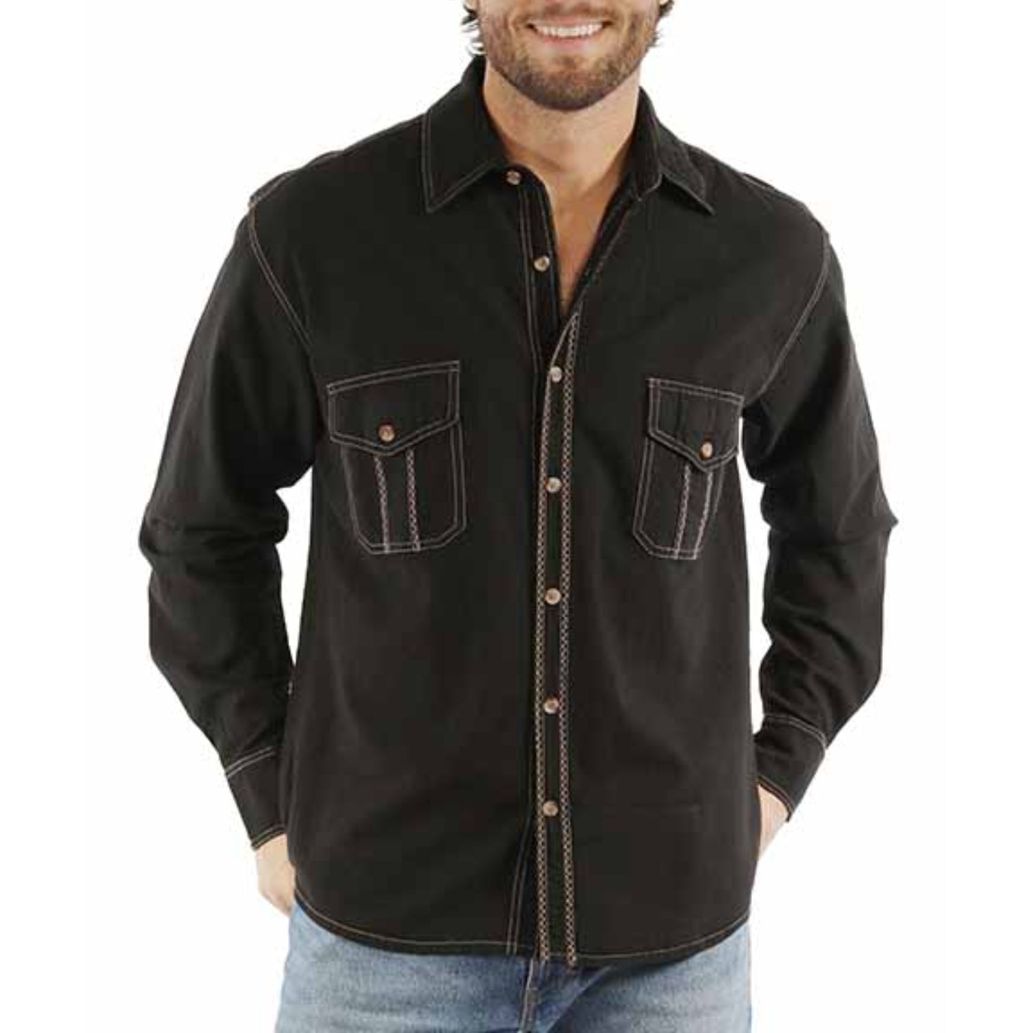 Scully Men's Peruvian Cotton Contrast Stitch Long Sleeve Western Shirt, Black