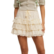 Listicle Women's Tiered Floral Lace Ruffle Shorts with Drawstring, Cream