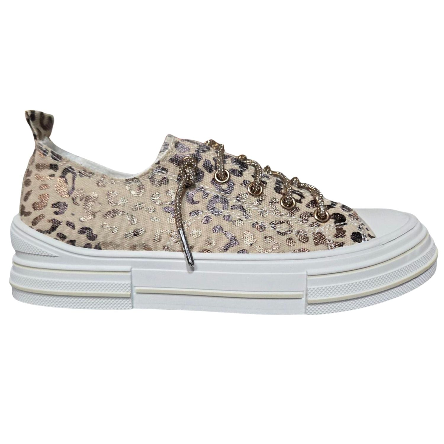 Very G Womens Aman Leopard Lace Up Canvas Sneaker, Natural