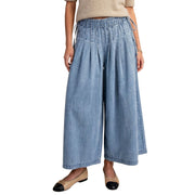 Easel Women's Pleated Wide Leg Cropped Denim Pants, Washed Denim