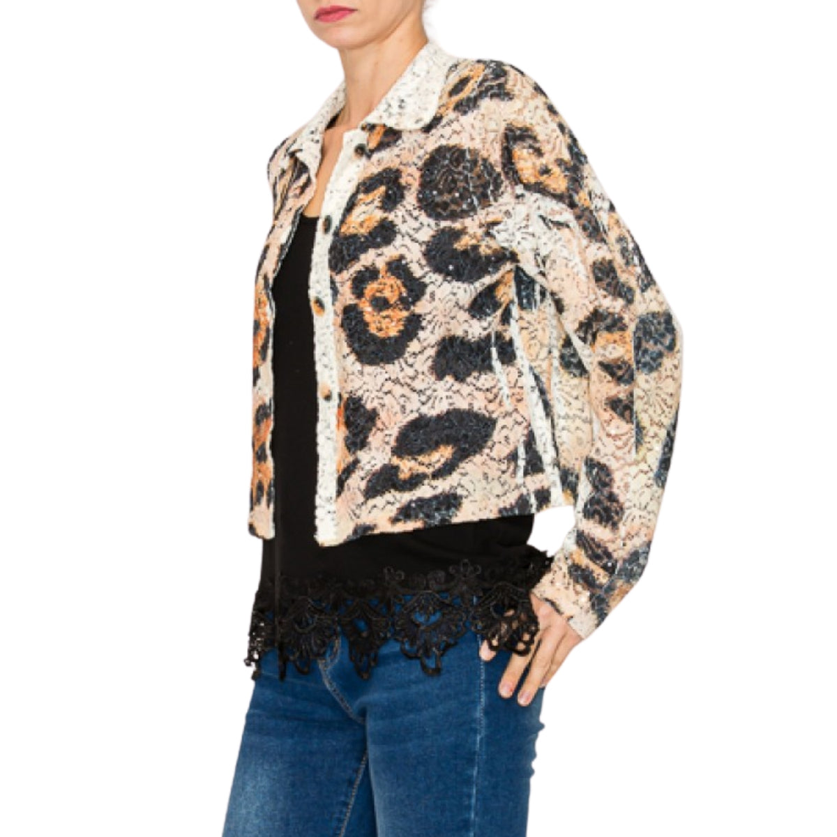 Origami Women's Sequin & Lace Leopard Print Crop Jacket
