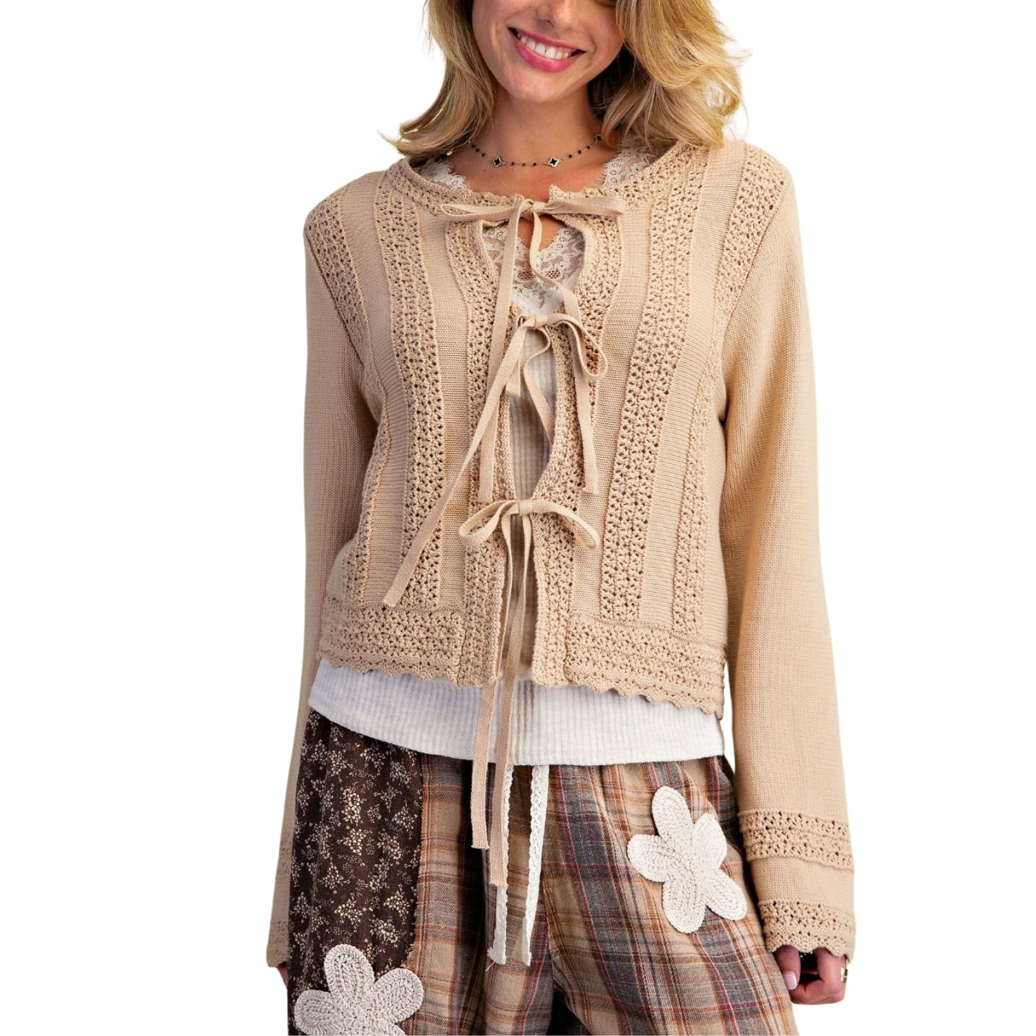 Easel Women's Crochet Trim Tie-Front Cotton Knit Cardigan Sweater, Natural