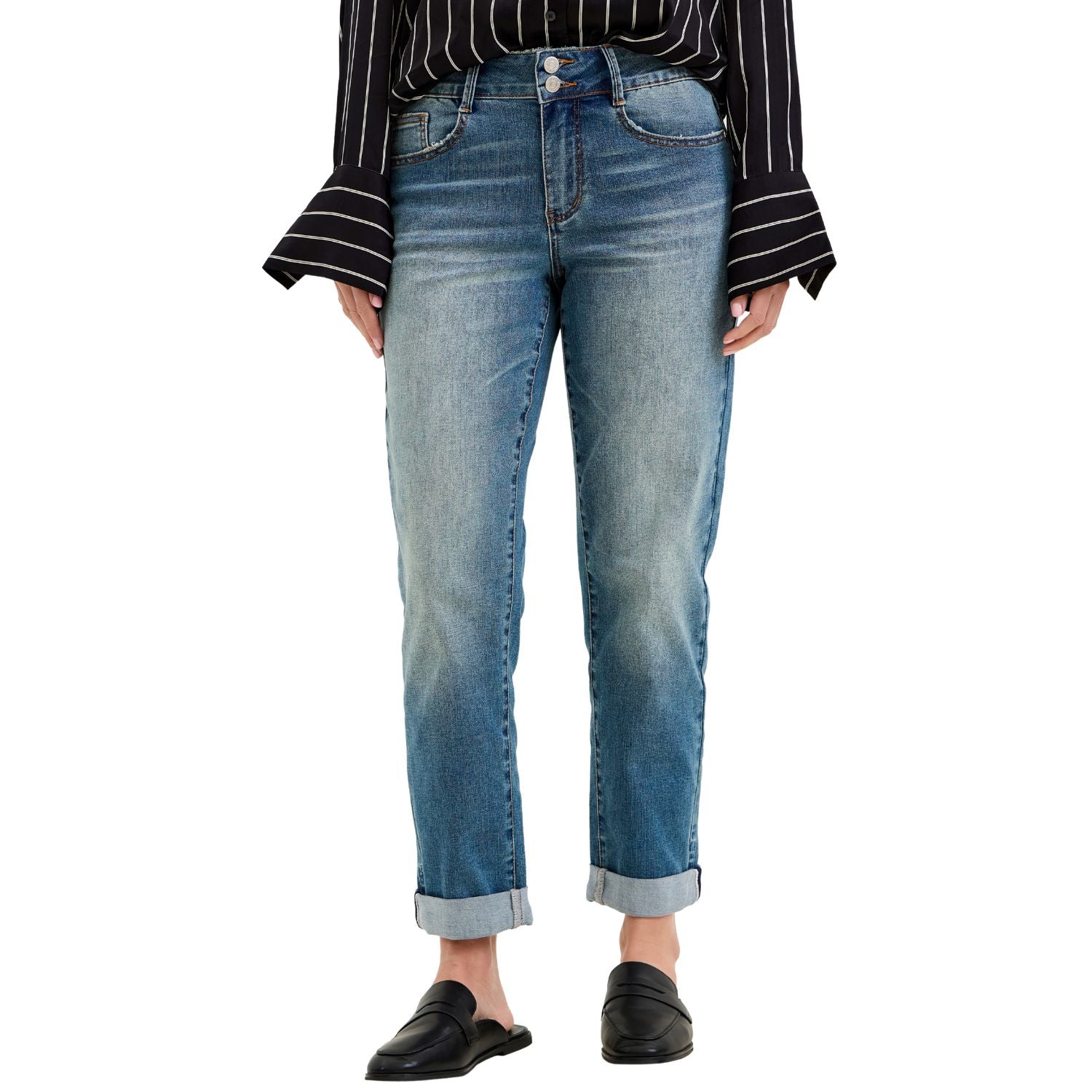 Judy Blue Womens Mid Rise Boyfriend Cool Denim Jeans With Cross Back Belt Loops