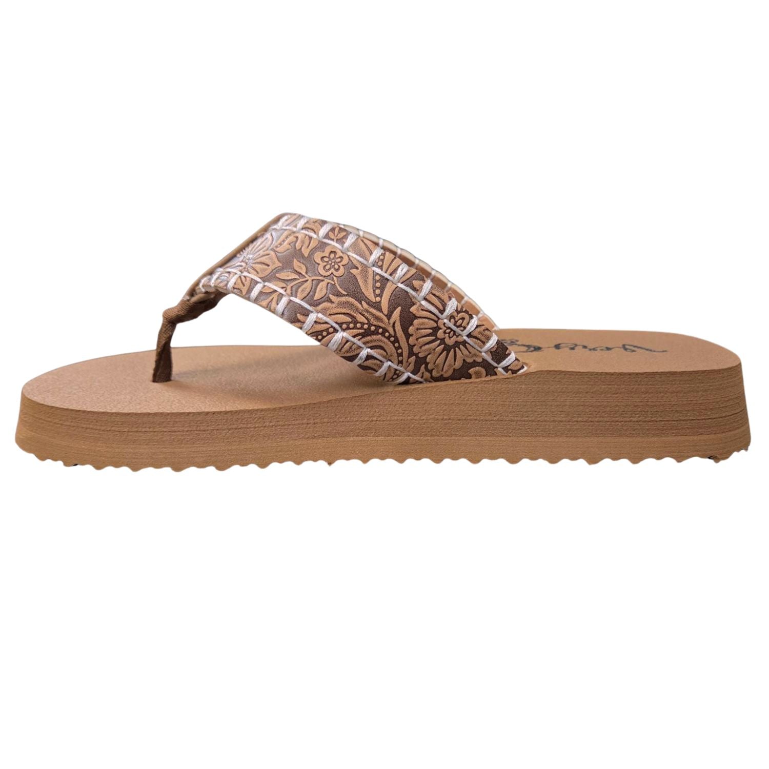 Very G Womens Pamela Western Floral Embossed Leather Strap Flip Flops - Tan