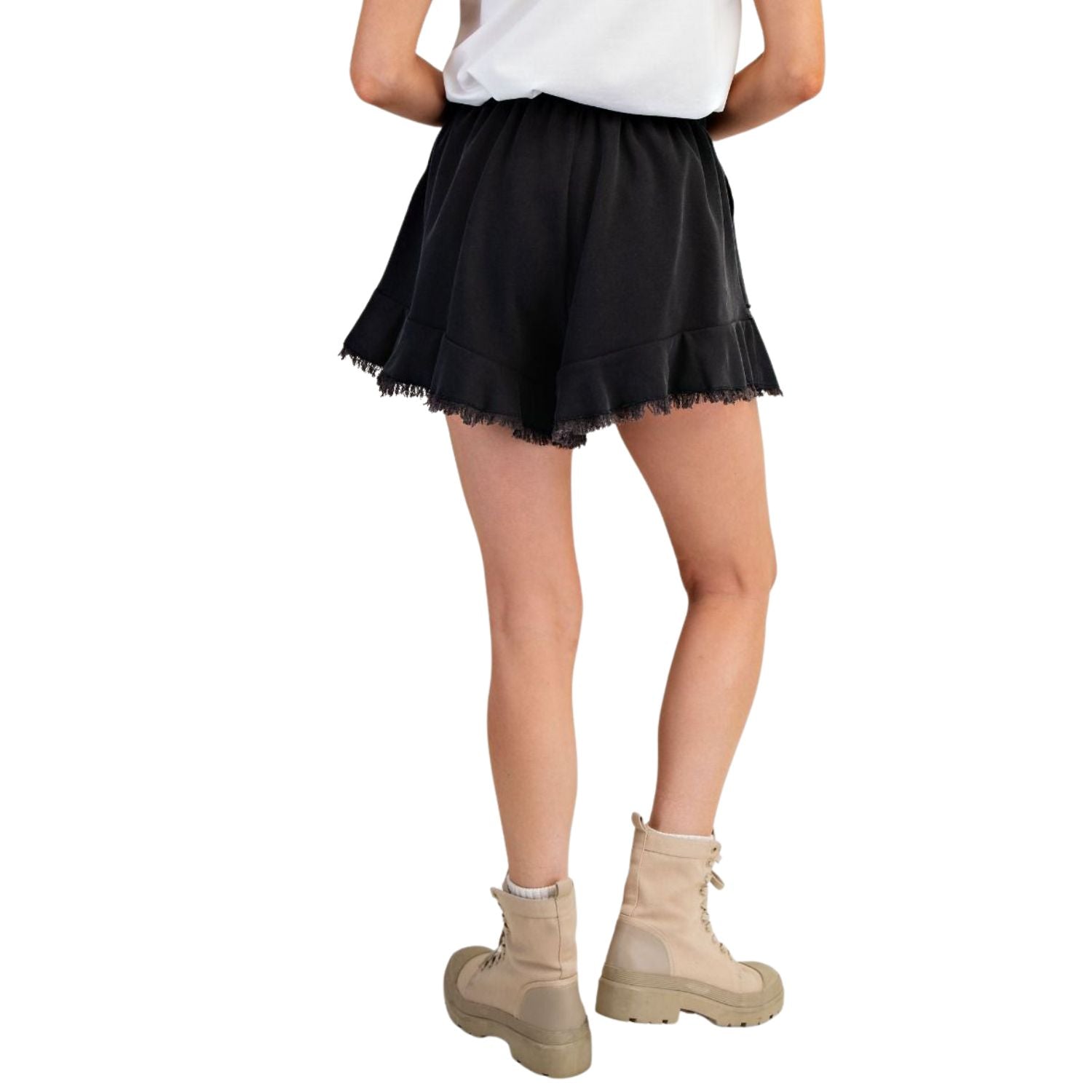 Easel Womens Ruffle Frill Raw Edge Washed Drawstring Shorts- Ash