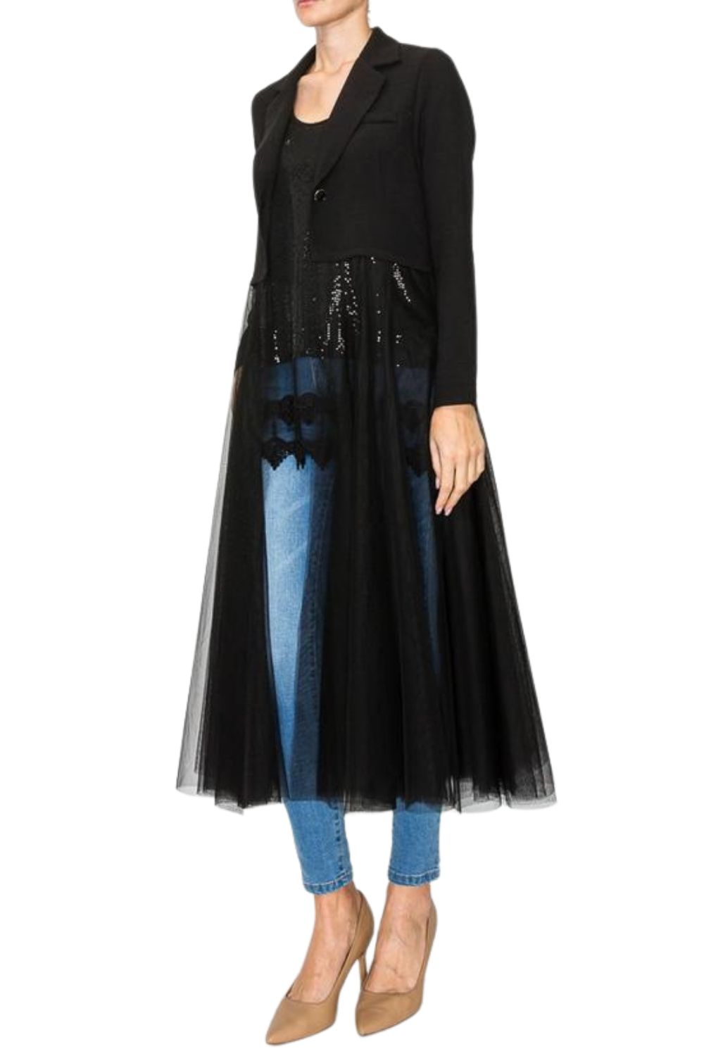 Origami Womens Mesh Trimming Black Cropped Blazer