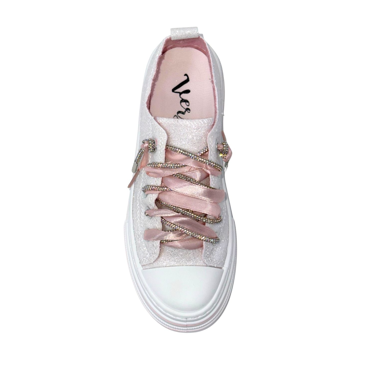 Very G Aman Mary's Version Women's Glitter Rhinestone Lace-Up Sneaker, White/Pink