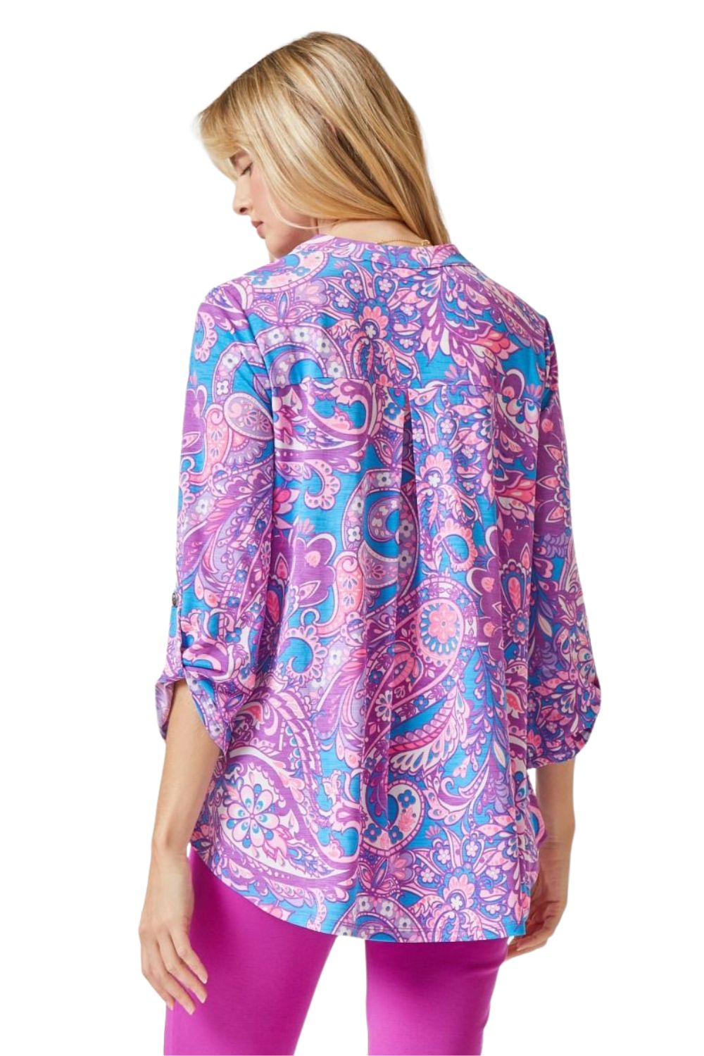 Dear Scarlett Womens Lizzy Relaxed Flowy High Low Blouse, Blue Pink